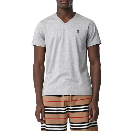 【一】BURBERRY 巴宝莉 男士棉质TB专属标识刺绣V领短袖T恤 灰色 8017257 A2142 商品图0