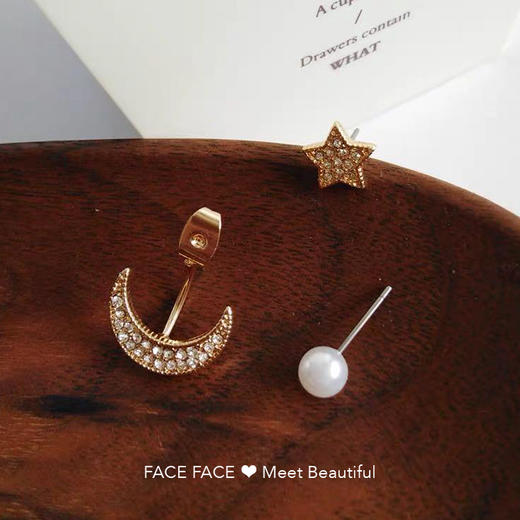 简约创意的月亮星星不对称镶钻耳钉镶 商品图0