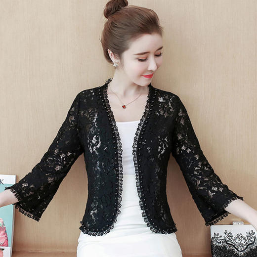 pdd新款喇叭袖蕾丝开衫外套防晒衣短款外搭空调衫wh