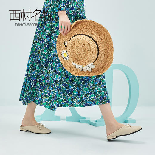 西村名物2020夏新款女 复古简约低跟穆勒拖ins方头蝴蝶结纯色半拖 X20AH19941 商品图2