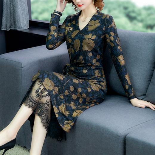 洋气贵妇v领蕾丝印花拼接连衣裙(货号 ny1757)