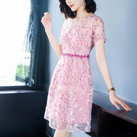 AHM-hxyr5990新款时尚圆领气质粉色刺绣连衣裙TZF 商品图0