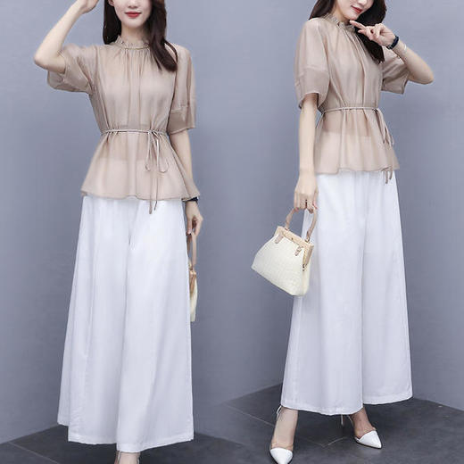时尚复古法式收腰上衣，棉麻阔腿裤套装HR-ZMFS20562 商品图2