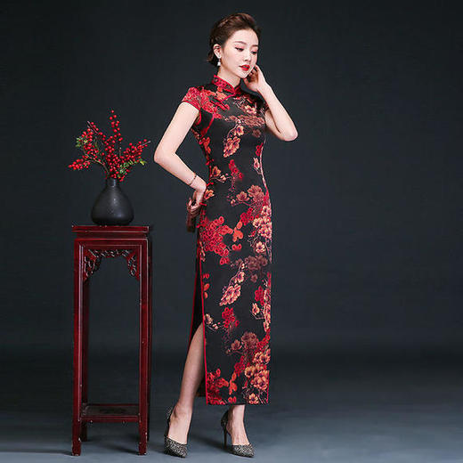 YSD-05883-3032复古优雅真丝短袖高开衩长款旗袍 商品图2