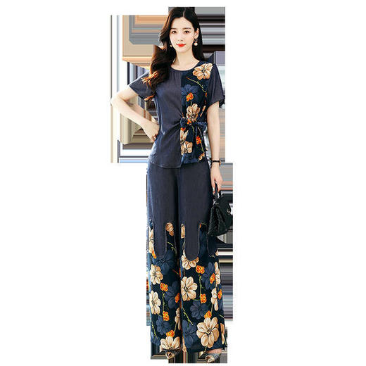 XY-YXC220新款时尚气质印花百搭天丝牛仔阔腿裤两件套 商品图4