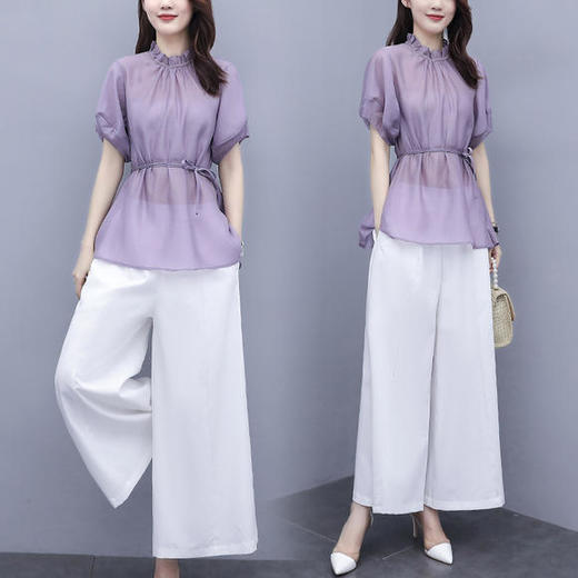 时尚复古法式收腰上衣，棉麻阔腿裤套装HR-ZMFS20562 商品图0