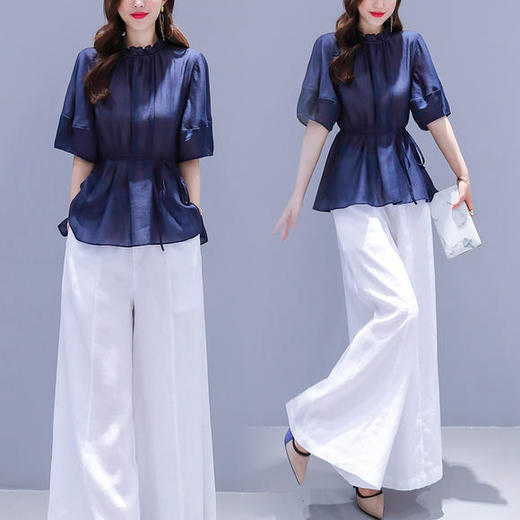 时尚复古法式收腰上衣，棉麻阔腿裤套装HR-ZMFS20562 商品图1