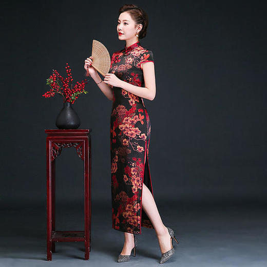 YSD-05883-3032复古优雅真丝短袖高开衩长款旗袍 商品图3