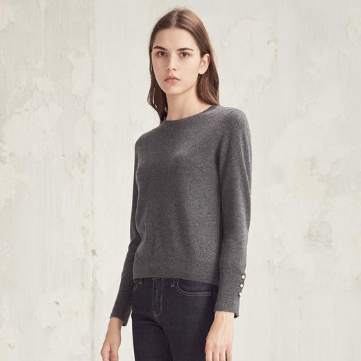 羊绒世家2020秋季新款女士圆领100%山羊绒衫时尚纽扣装饰内搭毛衣 商品图2