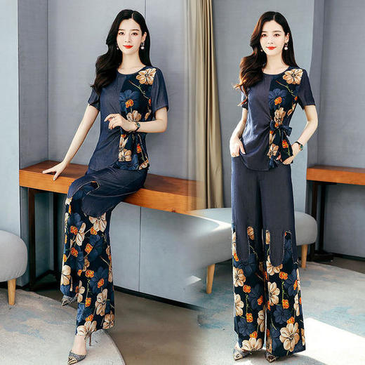 XY-YXC220新款时尚气质印花百搭天丝牛仔阔腿裤两件套 商品图1