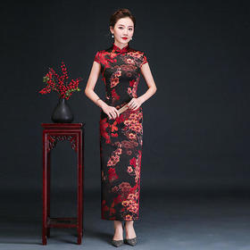 YSD-05883-3032复古优雅真丝短袖高开衩长款旗袍