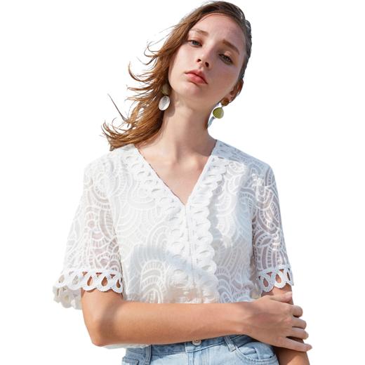 欧芮儿夏装新款女装花瓣袖蕾丝衫宽松上衣女v领洋气小衫 商品图4