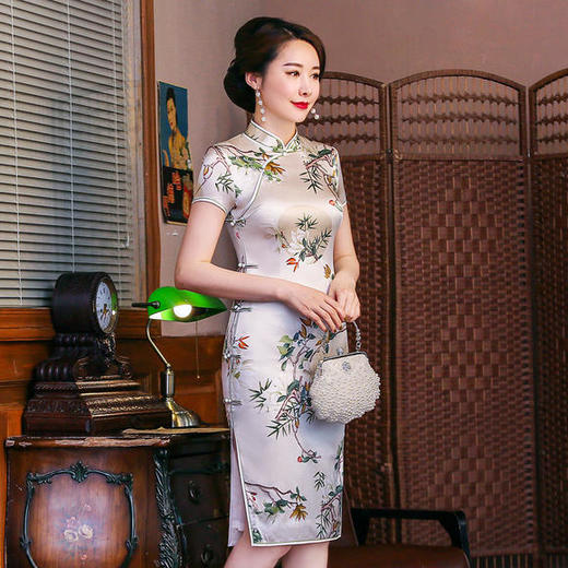 AN-春夏新款复古优雅印花真丝旗袍 商品图3