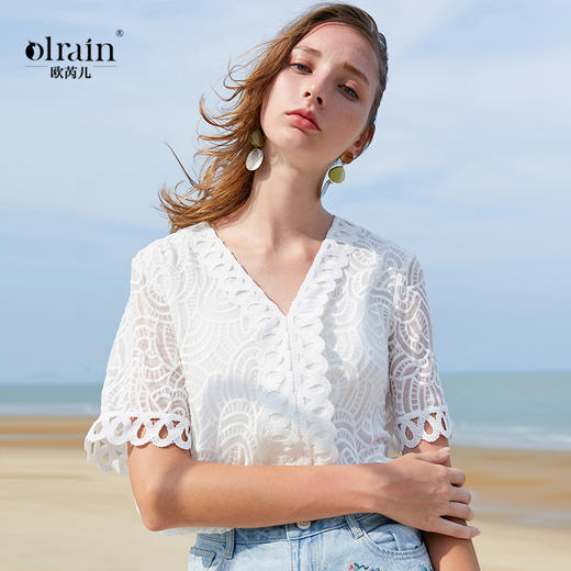 欧芮儿夏装新款女装花瓣袖蕾丝衫宽松上衣女v领洋气小衫 商品图0