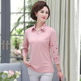 XOS 45-1122 2020t恤女七分袖宽松翻领中袖上衣带领