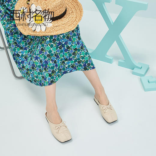 西村名物2020夏新款女 复古简约低跟穆勒拖ins方头蝴蝶结纯色半拖 X20AH19941 商品图3