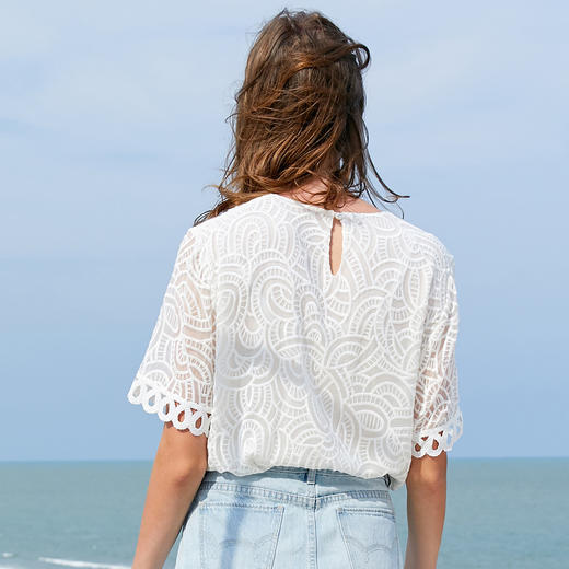 欧芮儿夏装新款女装花瓣袖蕾丝衫宽松上衣女v领洋气小衫 商品图2