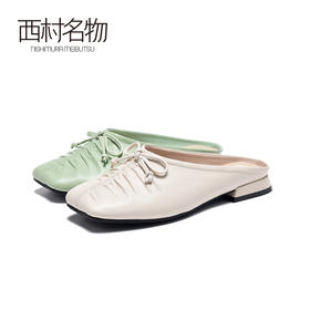 西村名物2020夏新款女 复古简约低跟穆勒拖ins方头蝴蝶结纯色半拖 X20AH19941