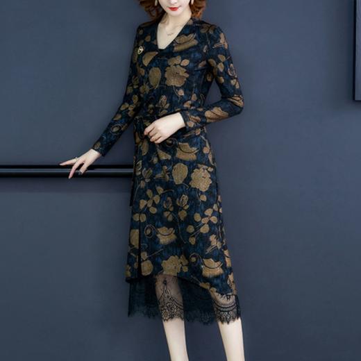 洋气贵妇v领蕾丝印花拼接连衣裙(货号 ny1757)