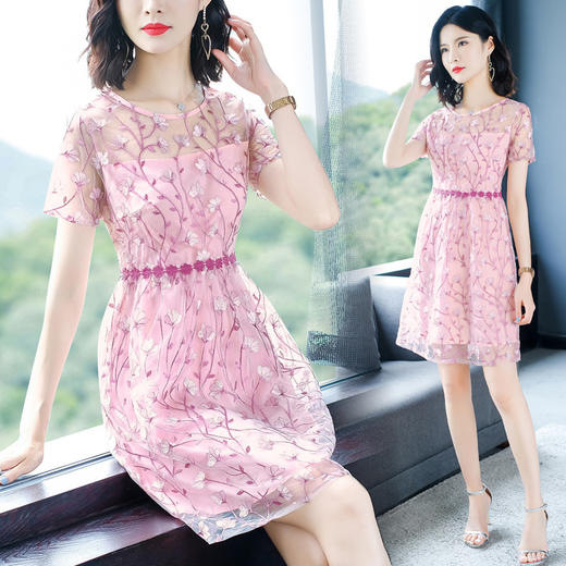AHM-hxyr5990新款时尚圆领气质粉色刺绣连衣裙TZF 商品图3