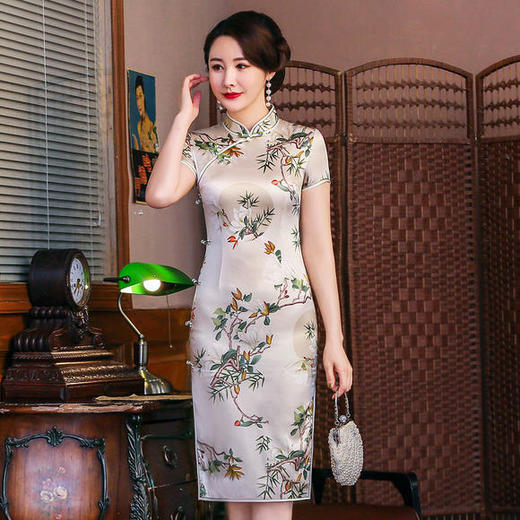 AN-春夏新款复古优雅印花真丝旗袍 商品图1