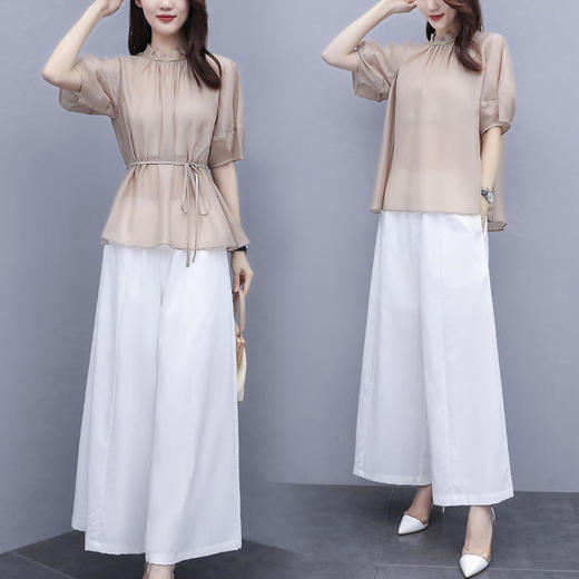 时尚复古法式收腰上衣，棉麻阔腿裤套装HR-ZMFS20562 商品图3