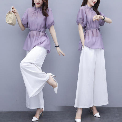 时尚复古法式收腰上衣，棉麻阔腿裤套装HR-ZMFS20562 商品图4