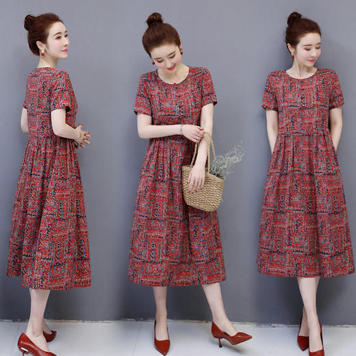 WZNH-NYMYZ621棉麻中长款气质亚麻碎花复古连衣裙 商品图1