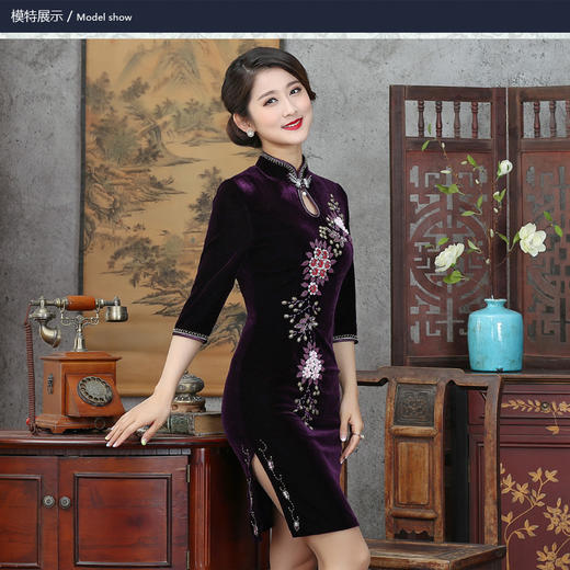 GY-SD021-023爆款妈妈装钉珠刺绣短款日常七分袖旗袍裙 商品图6