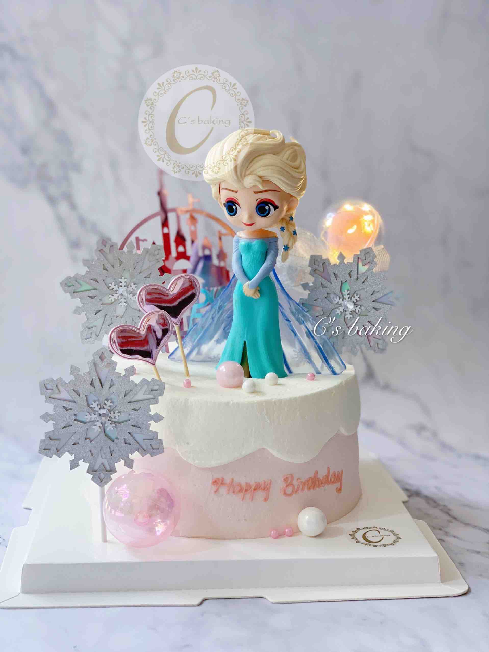 迪士尼 冰雪奇缘 艾莎ELSA场景E款（粉色系） 忌廉蛋糕（默认自提，收费配送请联系客服）