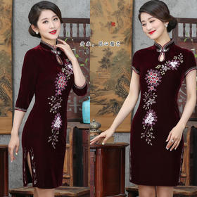 GY-SD021-023爆款妈妈装钉珠刺绣短款日常七分袖旗袍裙