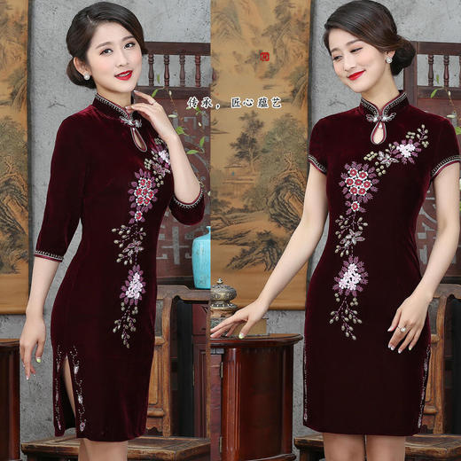 GY-SD021-023爆款妈妈装钉珠刺绣短款日常七分袖旗袍裙 商品图0
