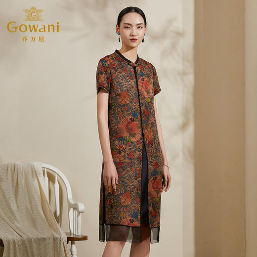 【香云纱】乔万尼夏季新款桑蚕丝连衣裙复古印花气质短袖女中长真丝裙ES2G163 商品图2