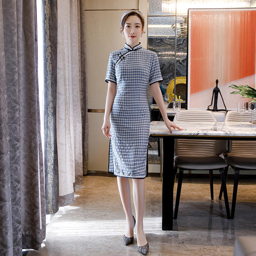 JF-4201新品格子包边绣花文艺民国风旗袍连衣裙 商品图0