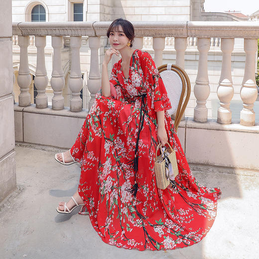 WZNH-WH202129新款甜美印花法式浪漫海边度假裙大摆型长裙 商品图2