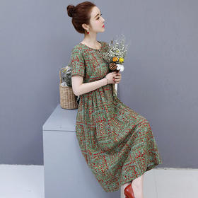 WZNH-NYMYZ621棉麻中长款气质亚麻碎花复古连衣裙