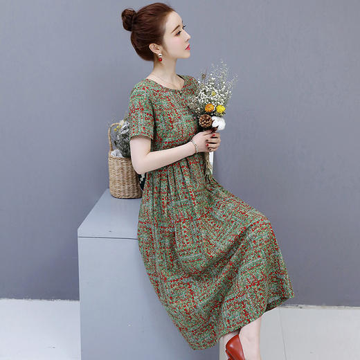 WZNH-NYMYZ621棉麻中长款气质亚麻碎花复古连衣裙 商品图0