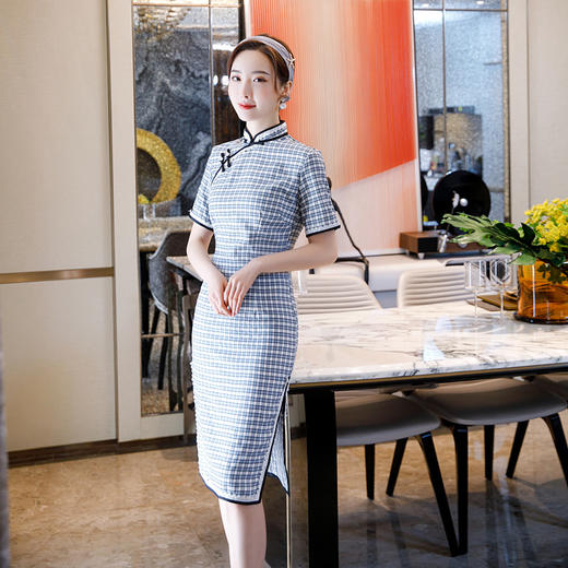 JF-4201新品格子包边绣花文艺民国风旗袍连衣裙 商品图2