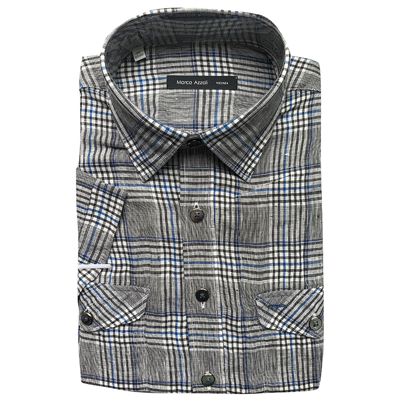 Marco Azzali 意大利进口面料灰色格子亚麻短袖衬衫  FACEC56400