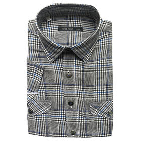 Marco Azzali 意大利进口面料灰色格子亚麻短袖衬衫  FACEC56400