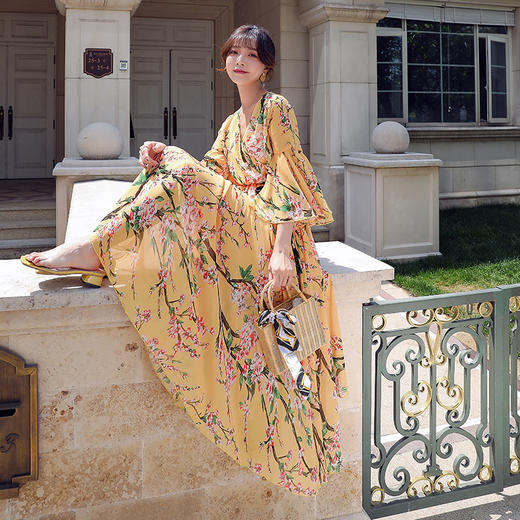 WZNH-WH202129新款甜美印花法式浪漫海边度假裙大摆型长裙 商品图0