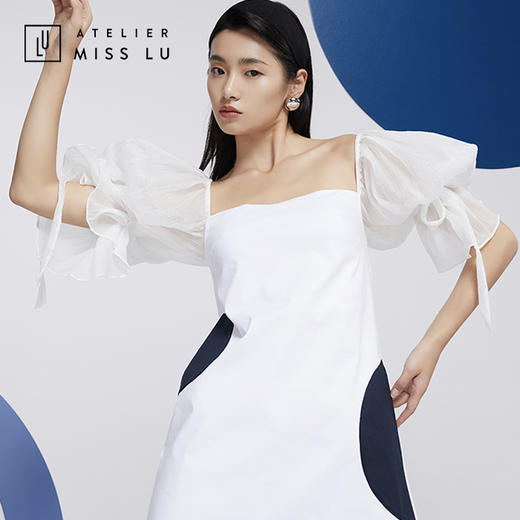 AtelierMissLu—白色拼纱造型袖衬衫裙/0000600 商品图5