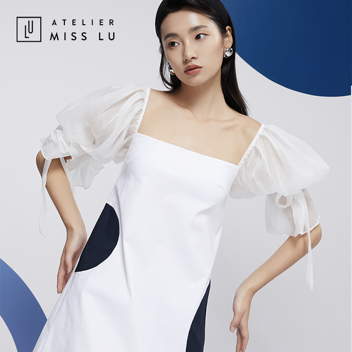 AtelierMissLu—白色拼纱造型袖衬衫裙/0000600