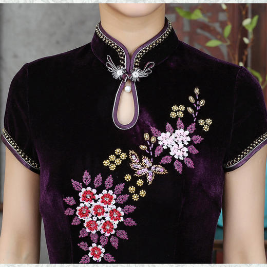 GY-SD021-023爆款妈妈装钉珠刺绣短款日常七分袖旗袍裙 商品图1