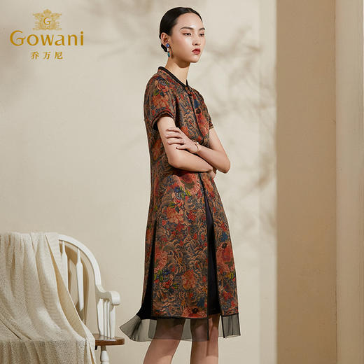 【香云纱】乔万尼夏季新款桑蚕丝连衣裙复古印花气质短袖女中长真丝裙ES2G163 商品图1