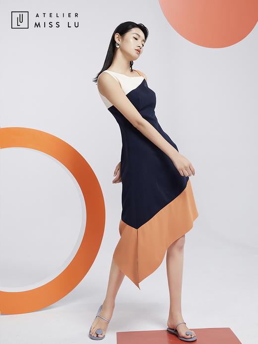 AtelierMissLu—蓝白橘撞色不规则连身裙/0000599 商品图5