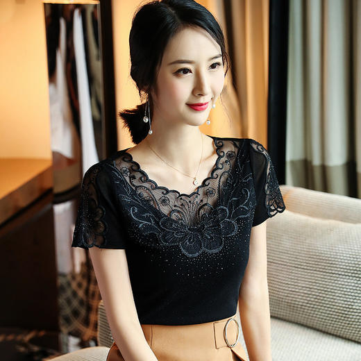 ZZ-LA96977新款网纱打底短袖女圆领蕾丝性感洋气小衫 商品图3