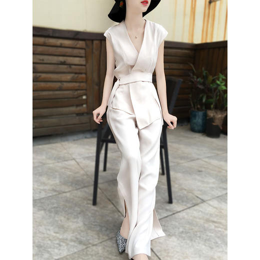 ALF-纯色短袖系带女神范名媛气质阔腿裤两件套 商品图1