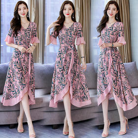 CQ-RSLD8118短袖V领中腰通勤中长款喇叭袖不规则连衣裙