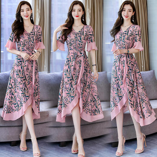 CQ-RSLD8118短袖V领中腰通勤中长款喇叭袖不规则连衣裙 商品图0